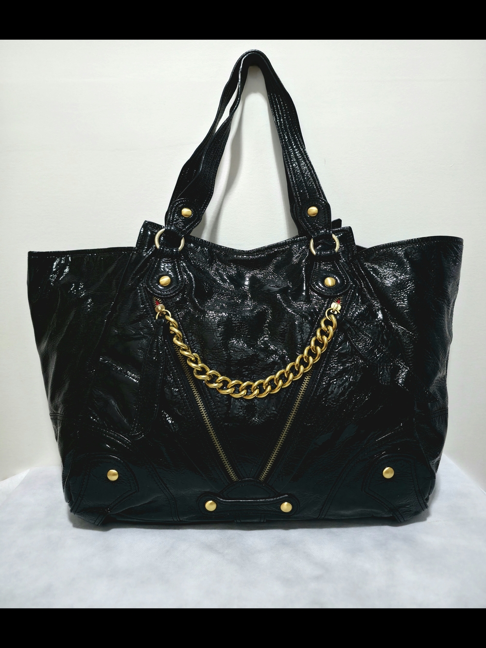 Isabella Fiore Large Black Patent Leather Tote Shoulder Bag Gold Hardware Chain
